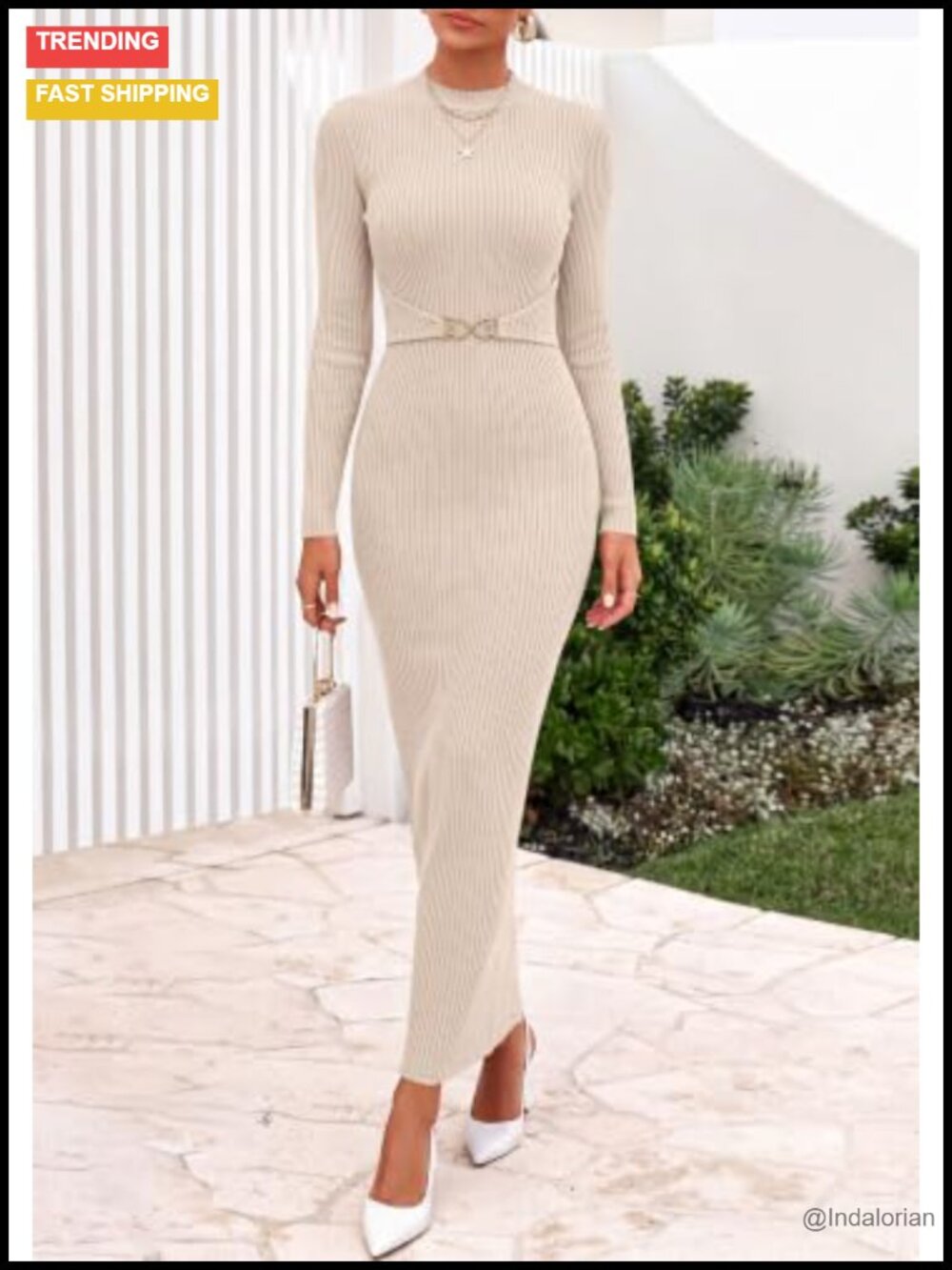 Long Sleeve Ribbed Knit Bodycon Maxi Sweater Dress Belted - Picture 5 of 6